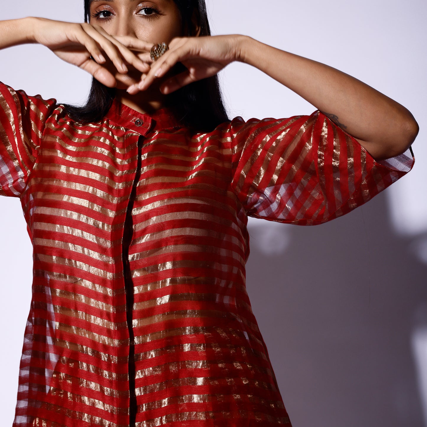 Red Gold Stripe Shirt & Skirt Set