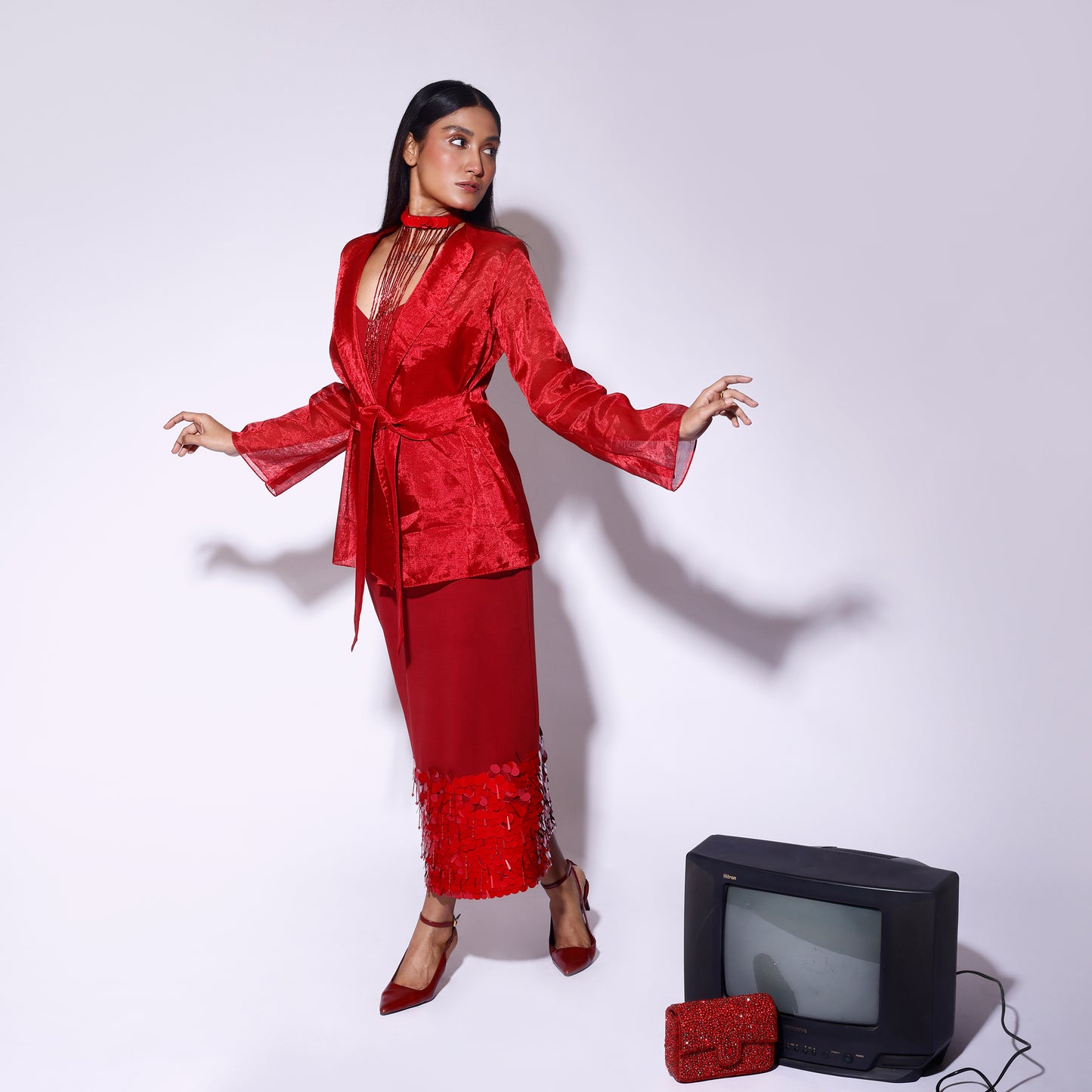 Red Tissue Wrap Top and Sequined Skirt Set