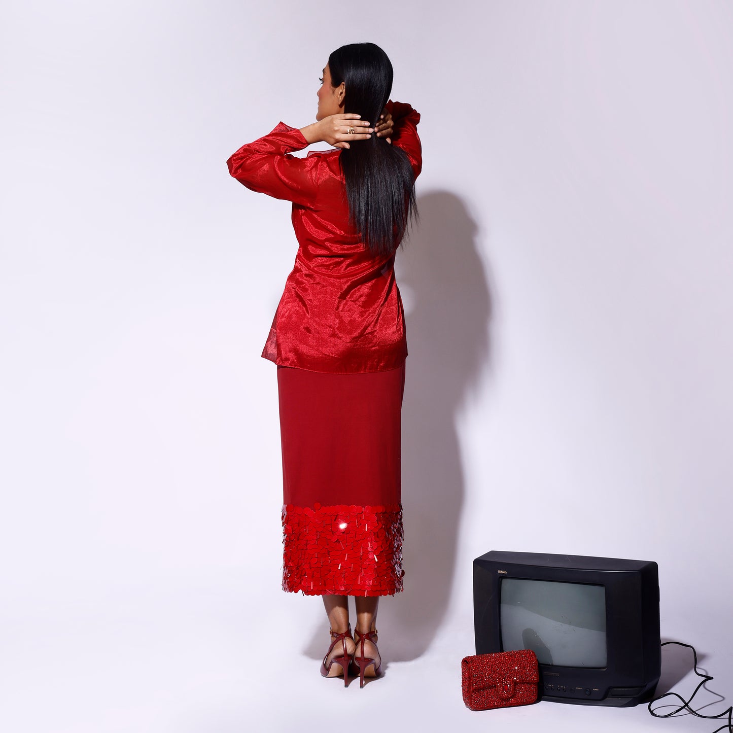 Red Tissue Wrap Top and Sequined Skirt Set