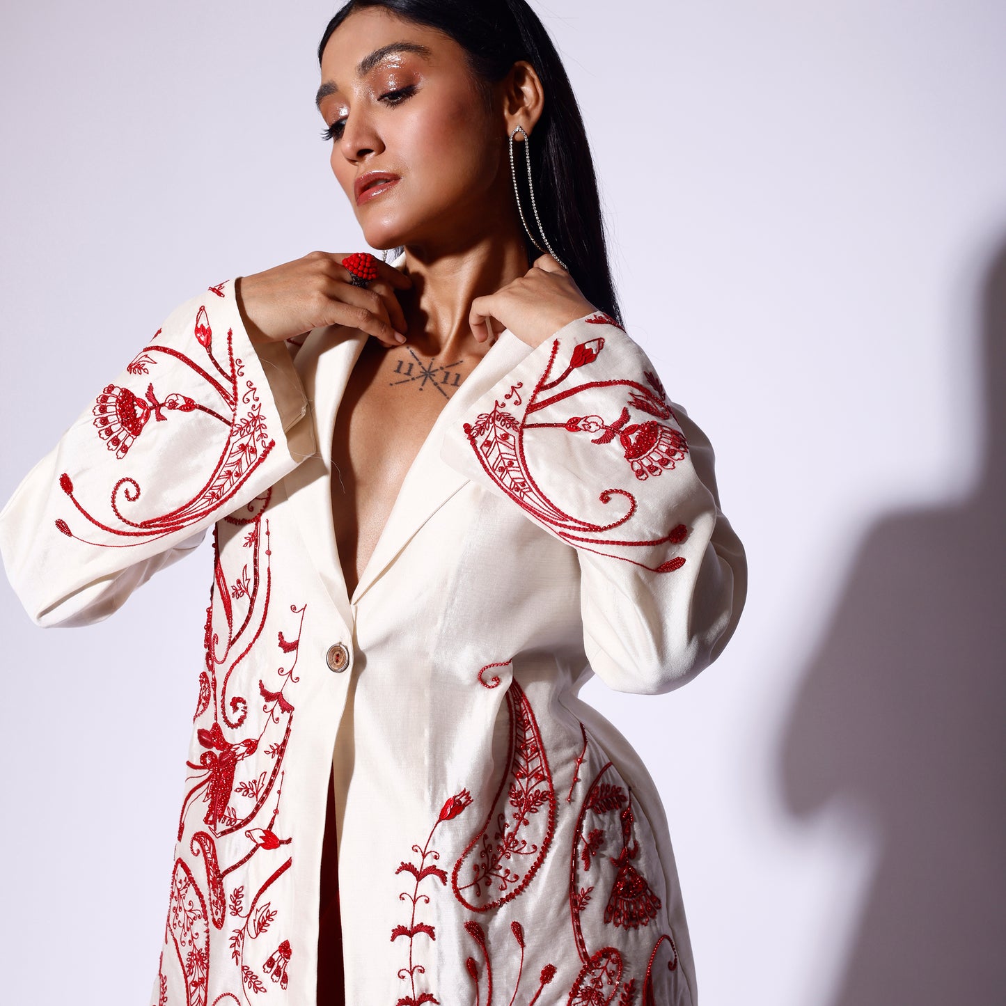 Silk Embroidered Blazer Skirt set
