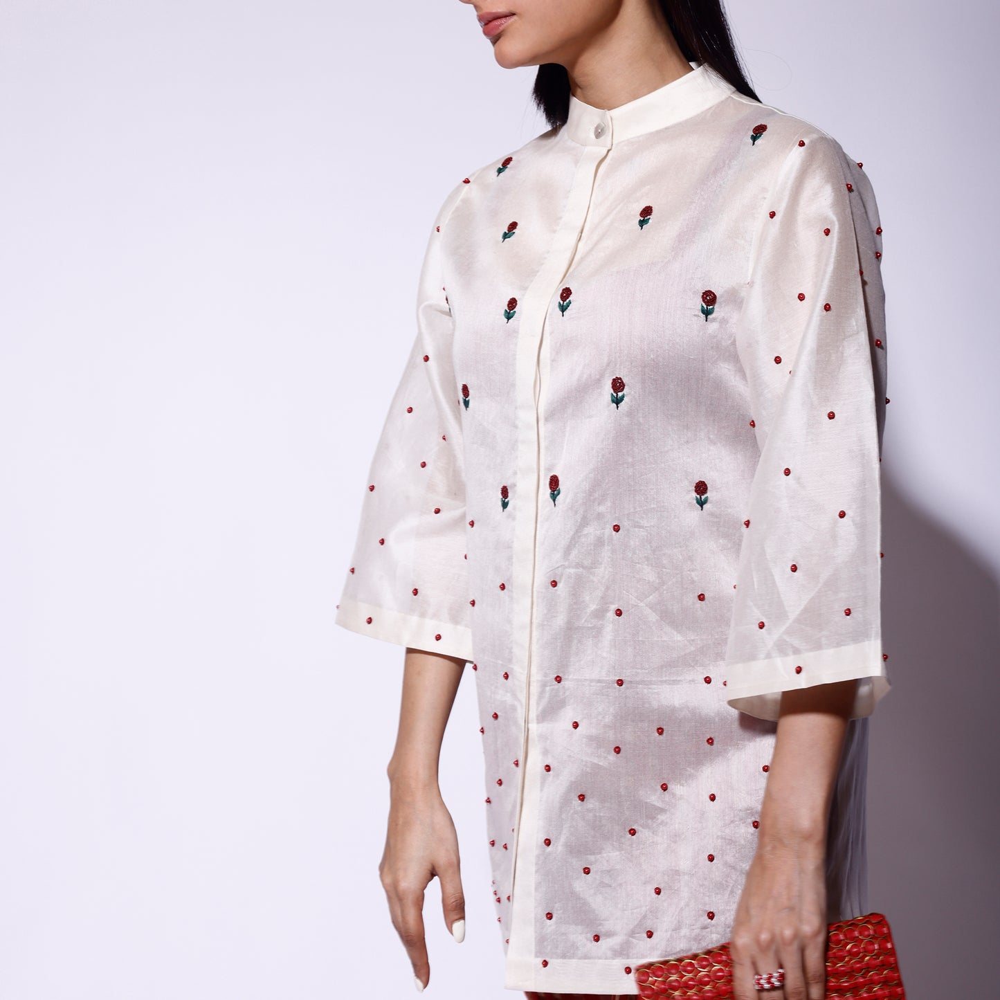Embroidered Rose Shirt Stripe Pant Set