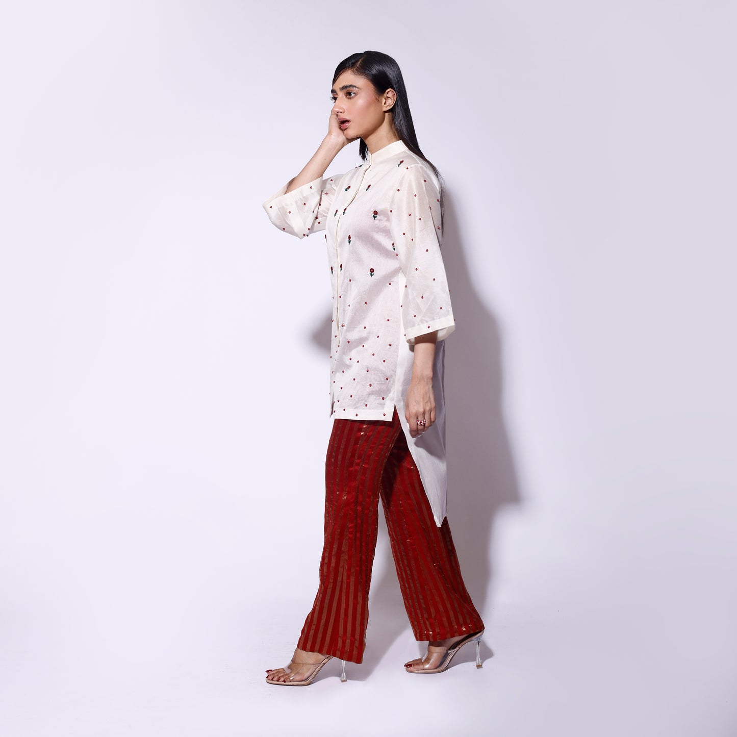 Embroidered Rose Shirt Stripe Pant Set