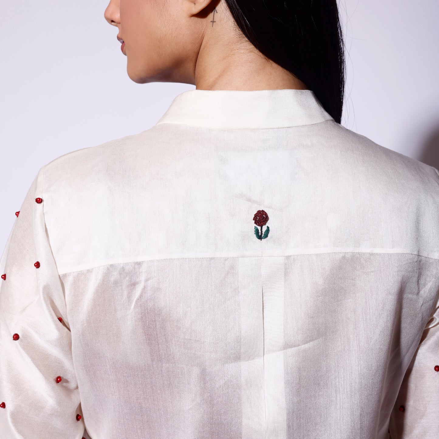 Embroidered Rose Shirt Stripe Pant Set