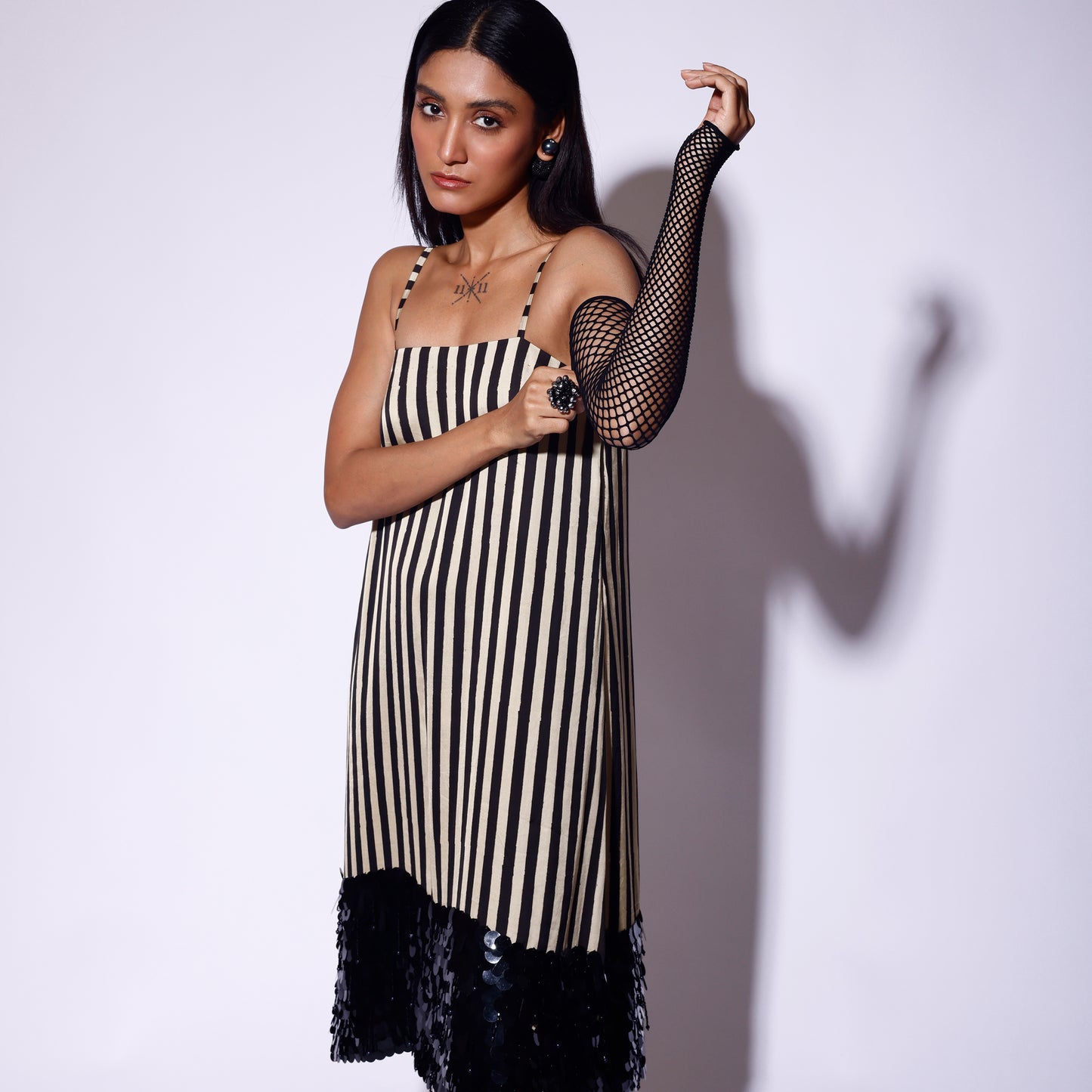 Black White Sequinned Spaghetti Dress
