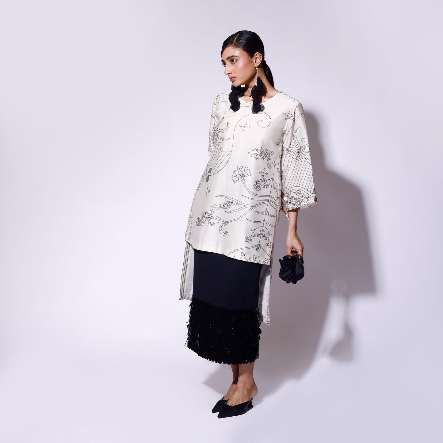 Black Paisley Top Sequinned Knit Skirt Set