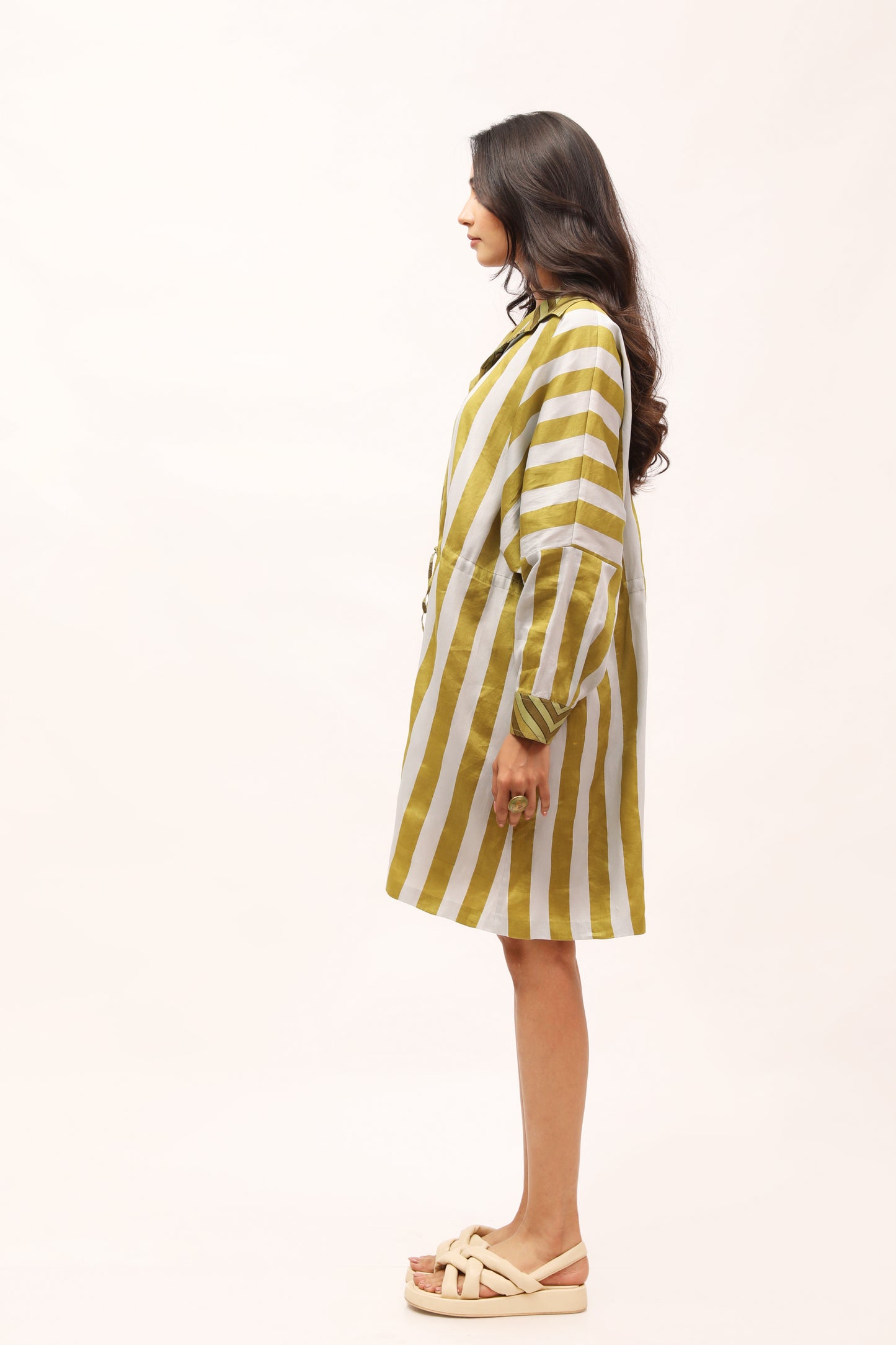 Olive Stripe Drawstring Shirt Dress