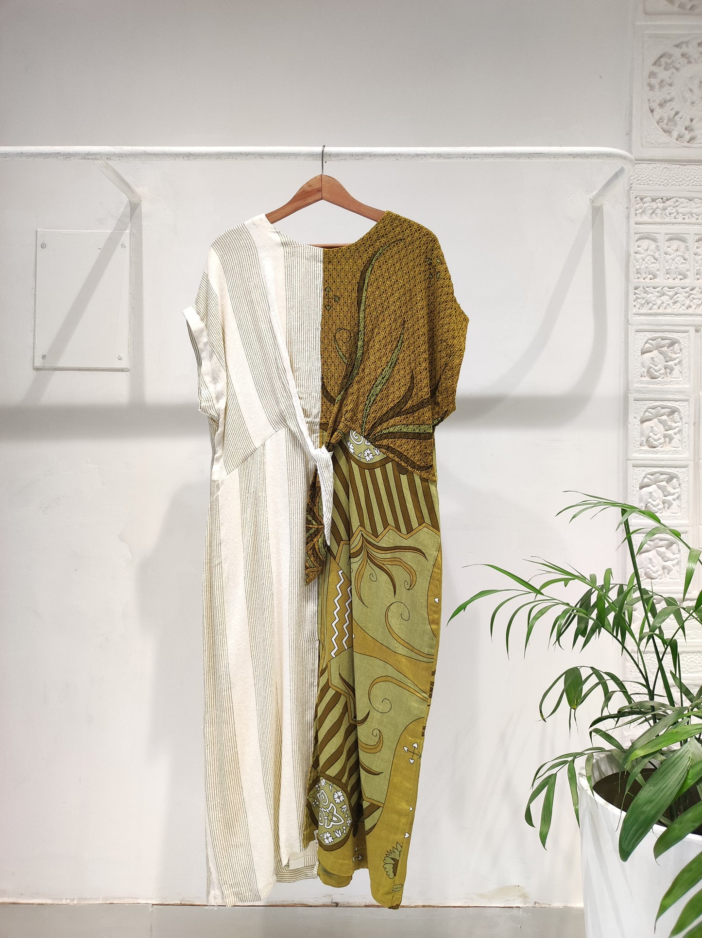Olive Print & Stripe Knot Dress