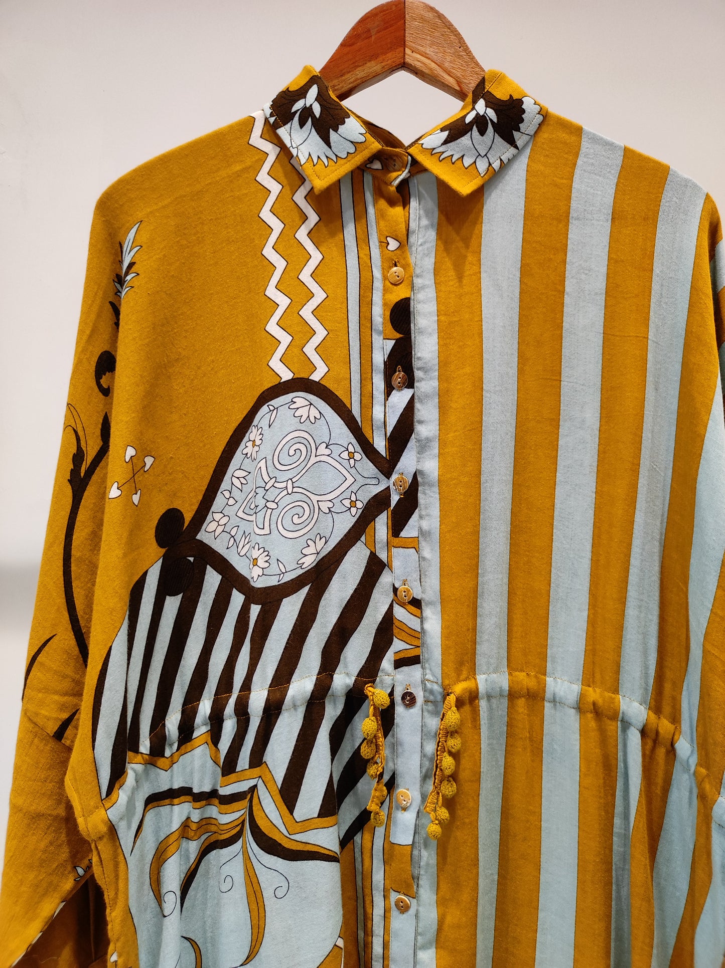 Mustard Stripe Drawstring Shirt Dress