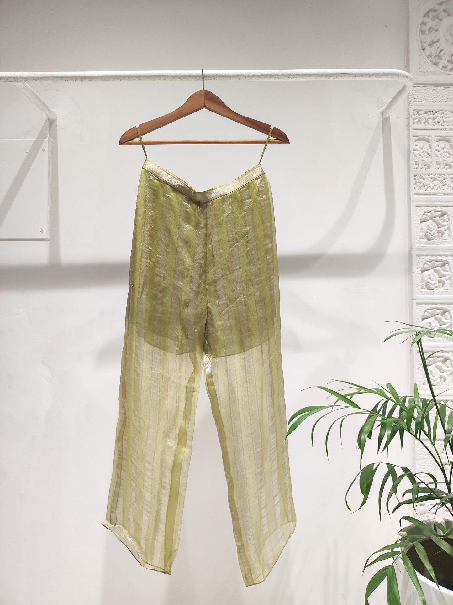 Green Organza Stripe Pants