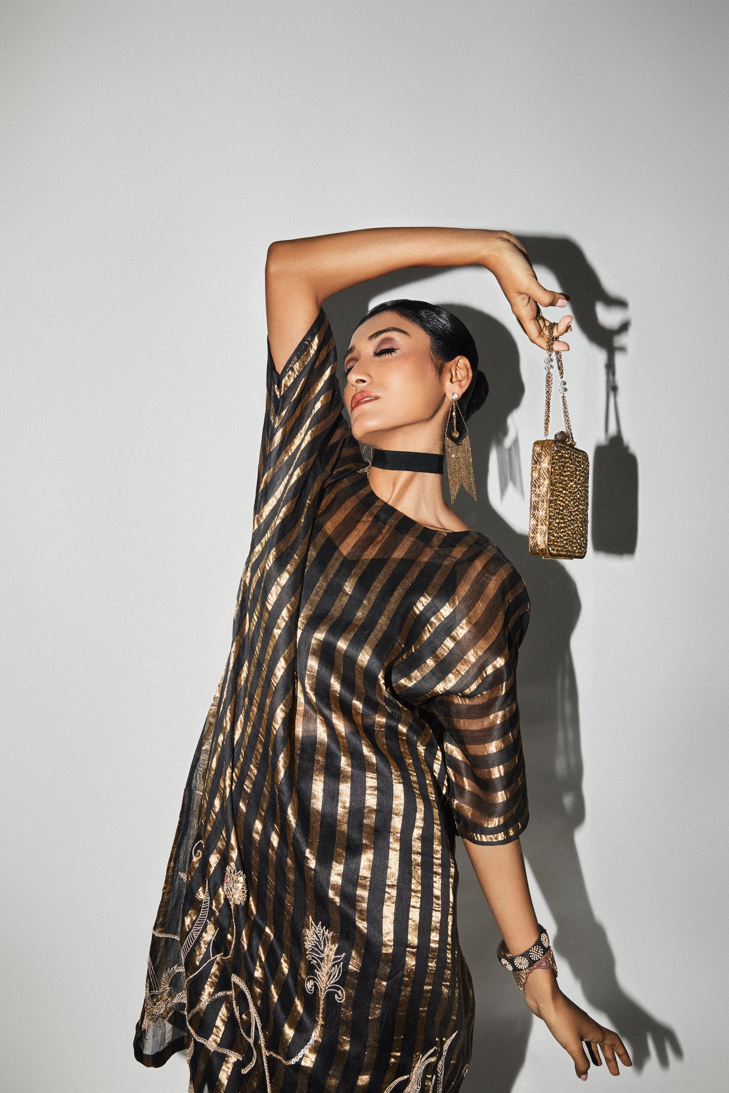 Black & Gold Long Embroidered Tunic Skirt Set