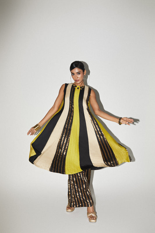Black Lime Panel Dress and Pant Set