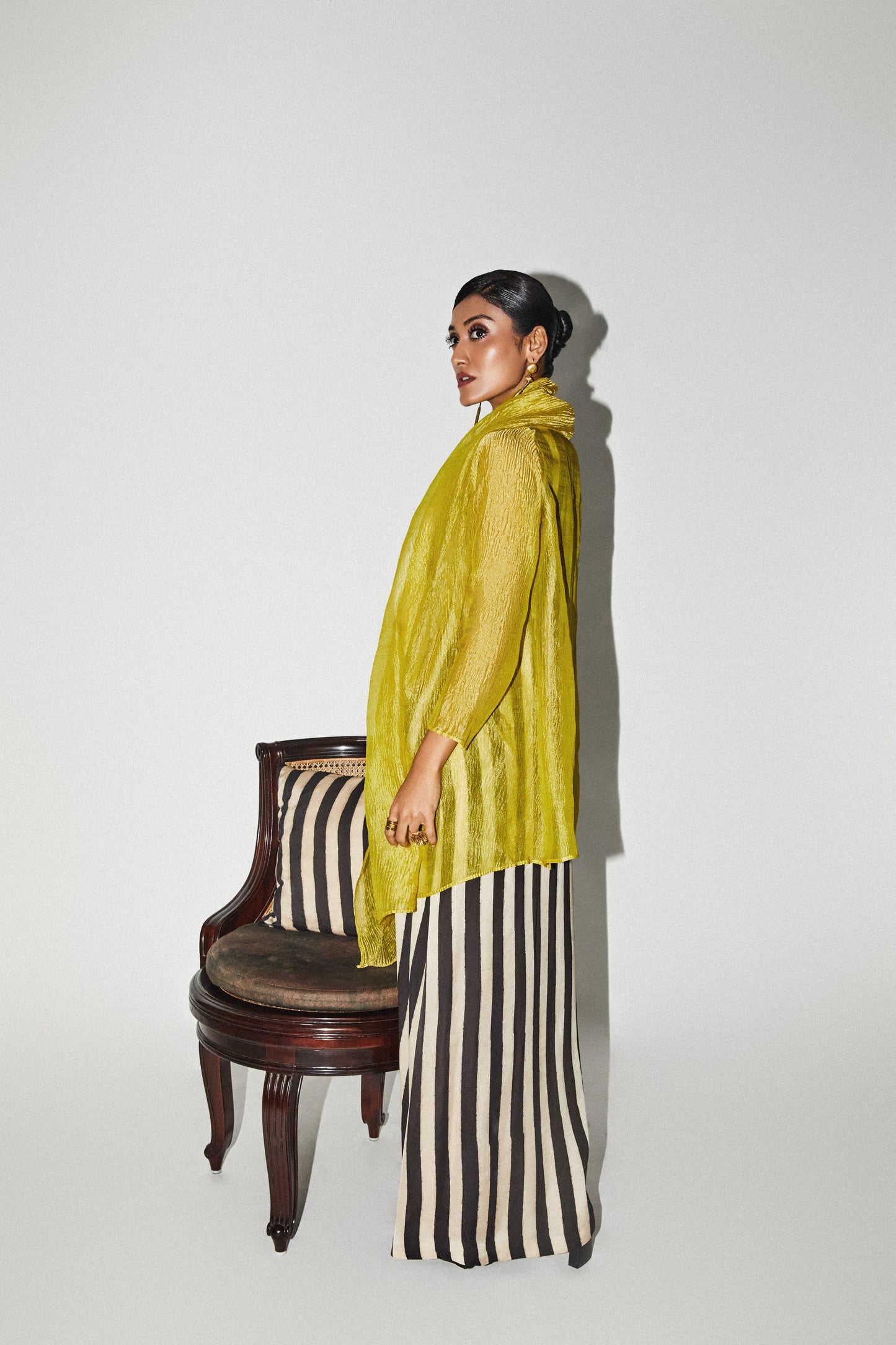 Black Satin Stripe Maxi & Lime Jacket Set