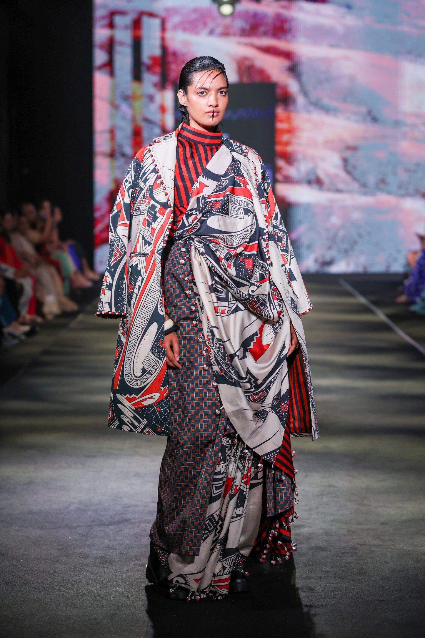 Rust Black Check Drape Skirt