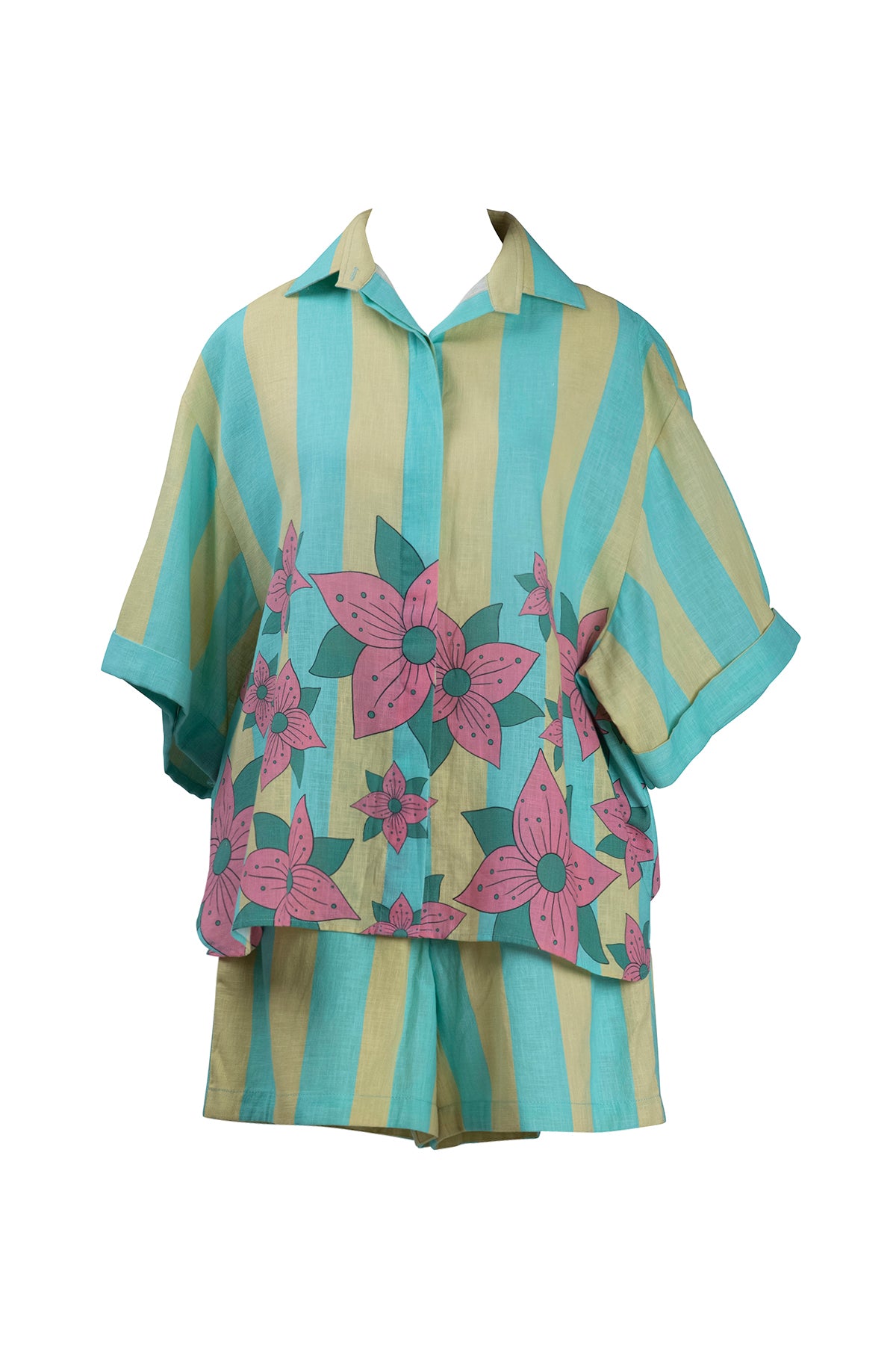 Yellow Blue Stripe Shirt and Short Set