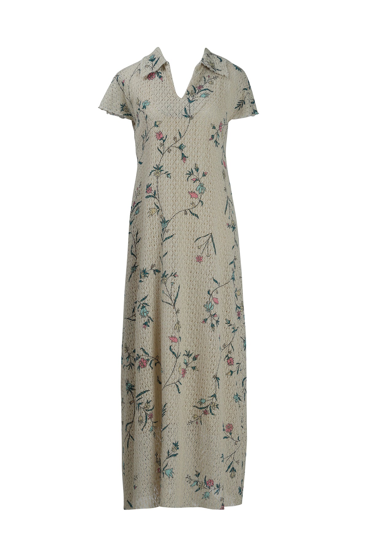 Beige Floral Cotton Net Collared Maxi