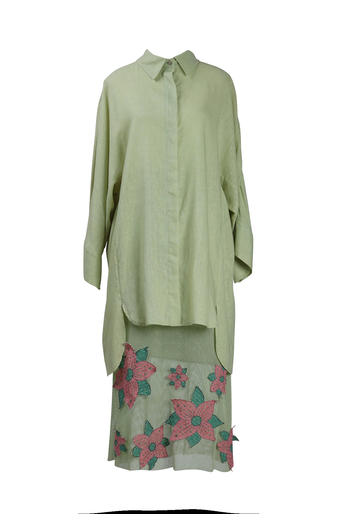 Mint Green Linen Shirt and Floral applique Skirt Set