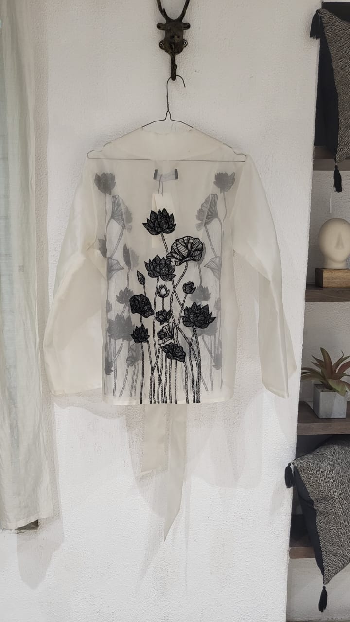 Vintage Lotus Embroidered White Wrap Top