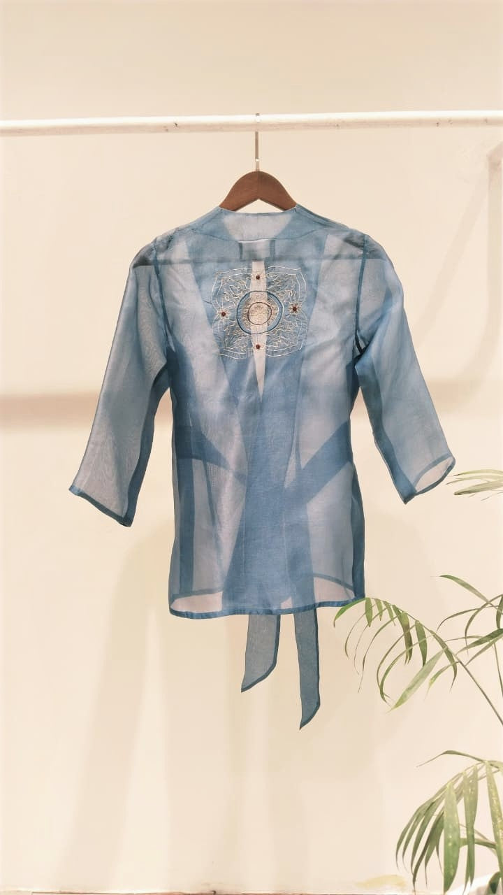 Blue Organza Embroidered Wrap Top