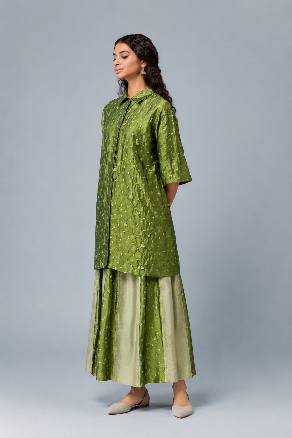 Green Bandhani Benarasi Shirt & Skirt