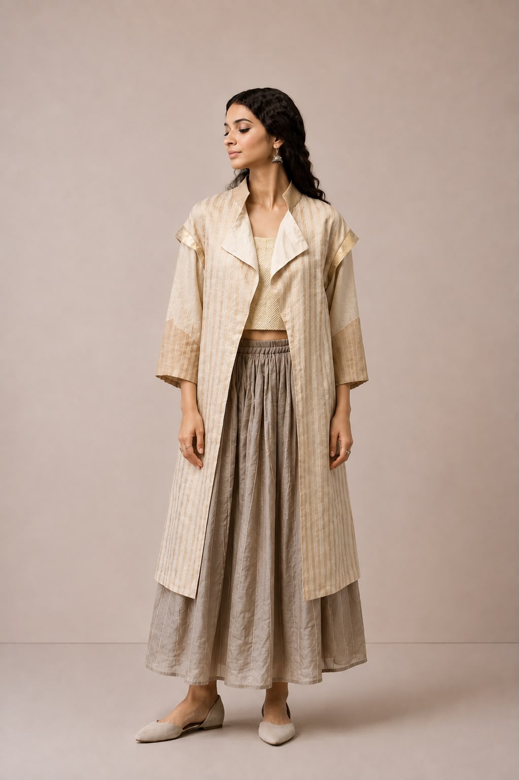 Gold Beige Stripe Jacket & Skirt