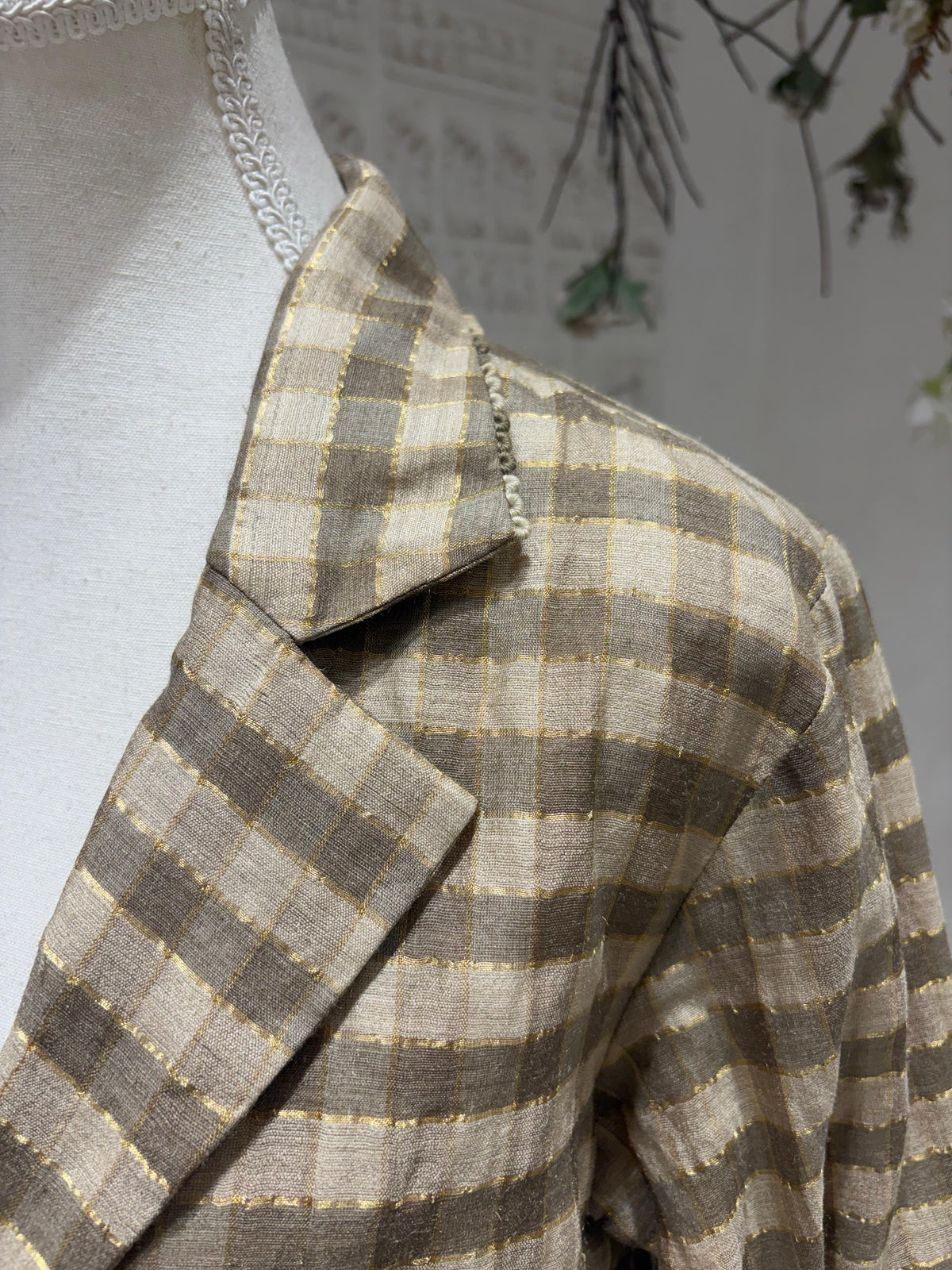 Beige Gold Checks Blazer & Skirt