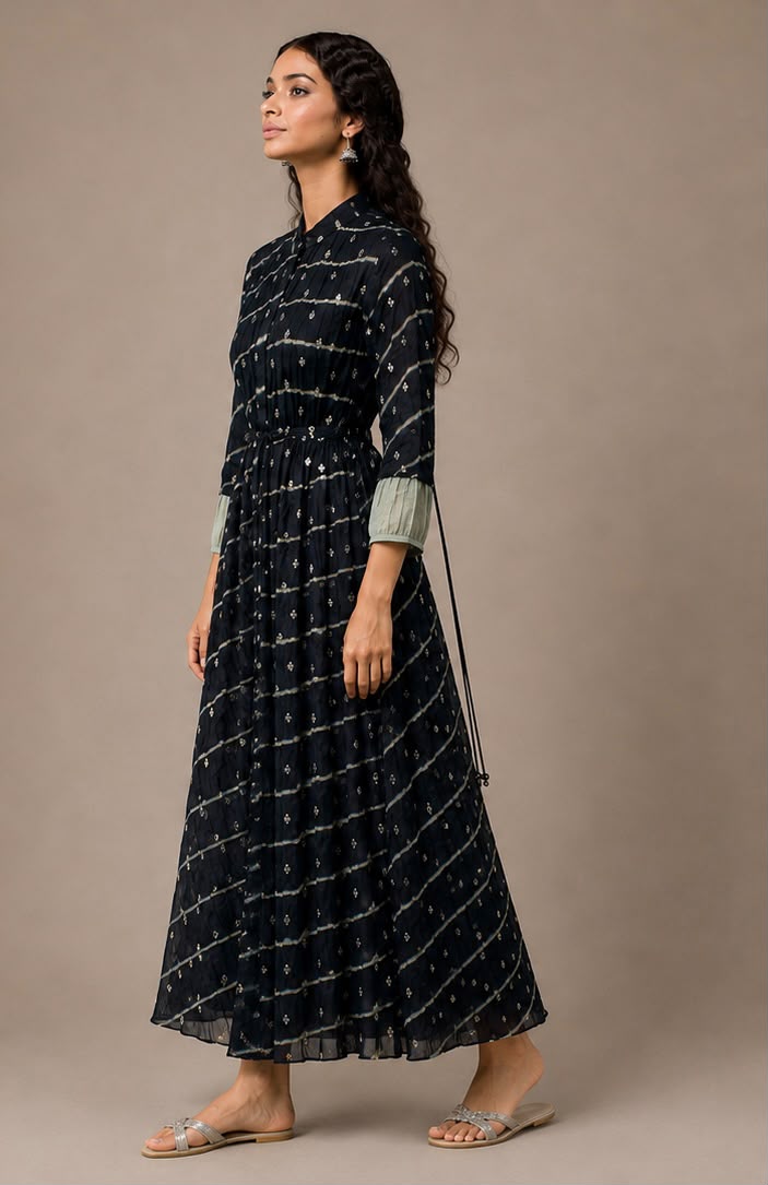 Black Benarasi & Shibori Drawstring Dress