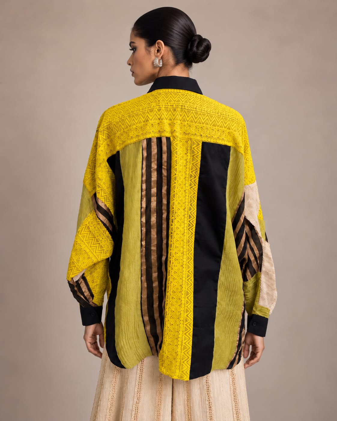 Black Lime Tissue Silk and Lace Patch Shirt