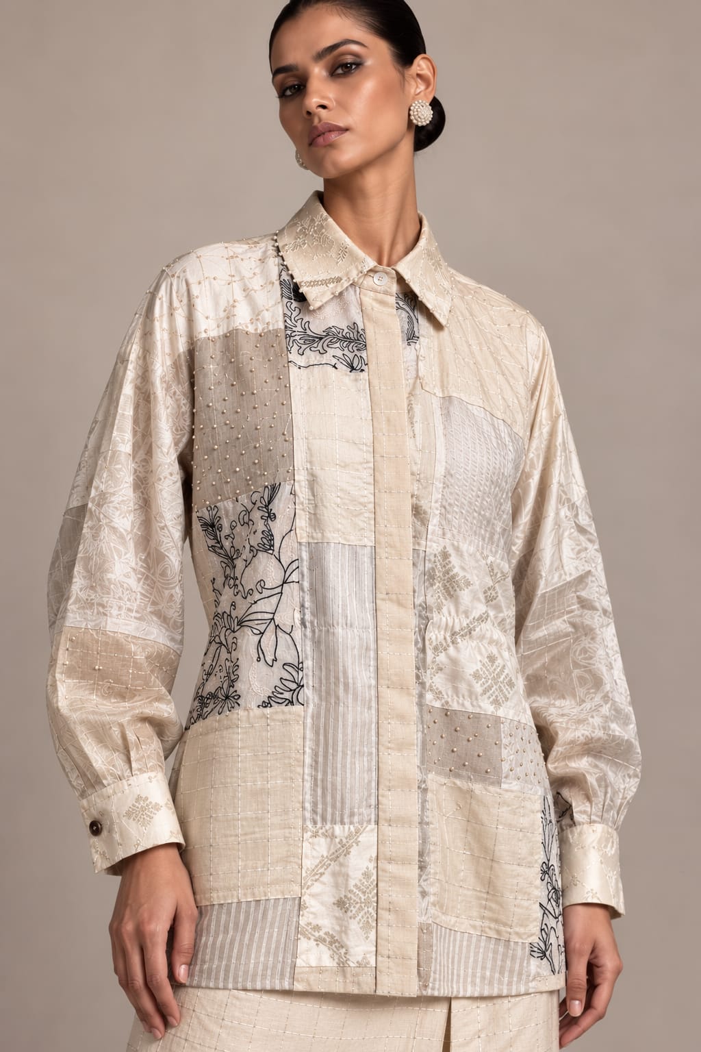 Silver Organza Patch Shirt and Skirt Set