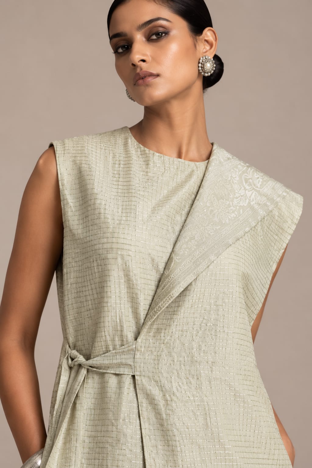Ivory One Collared Benarasi Wrap Top and Pants