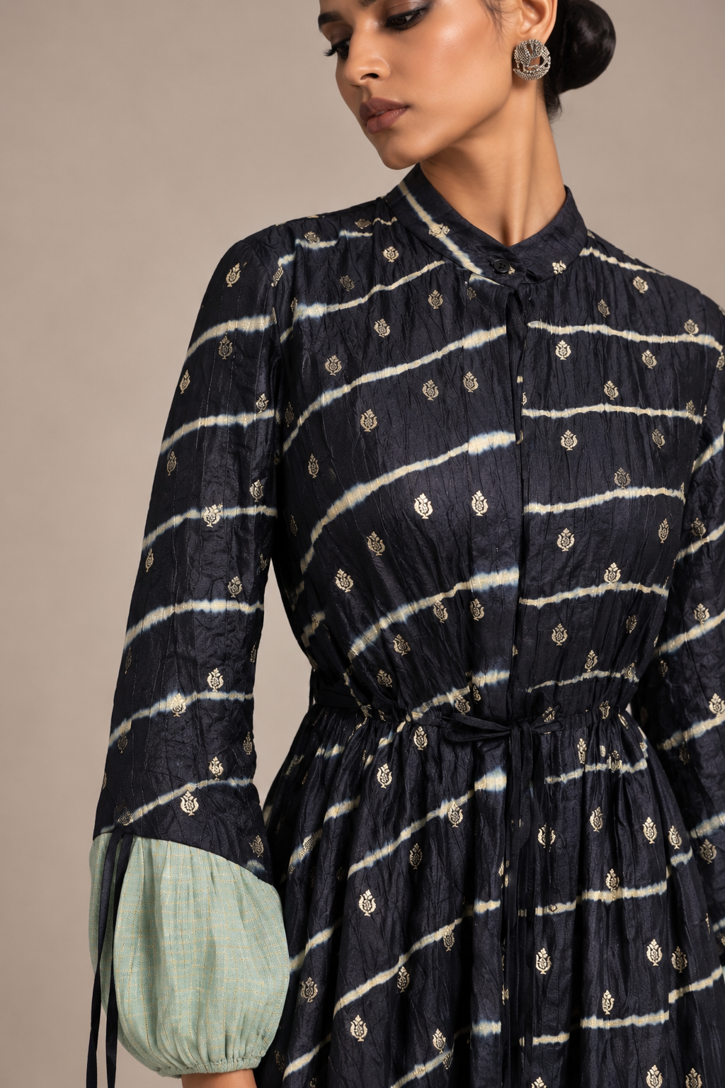Black Benarasi & Shibori Drawstring Dress