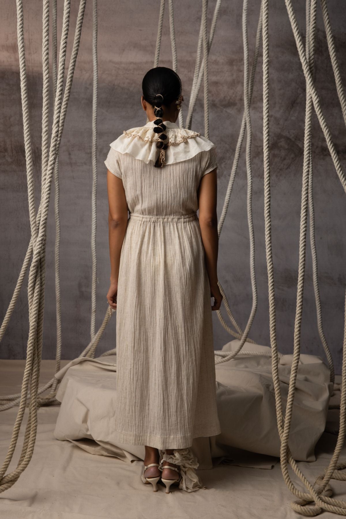 Ivory Flounce Crushed Drawstring Dress