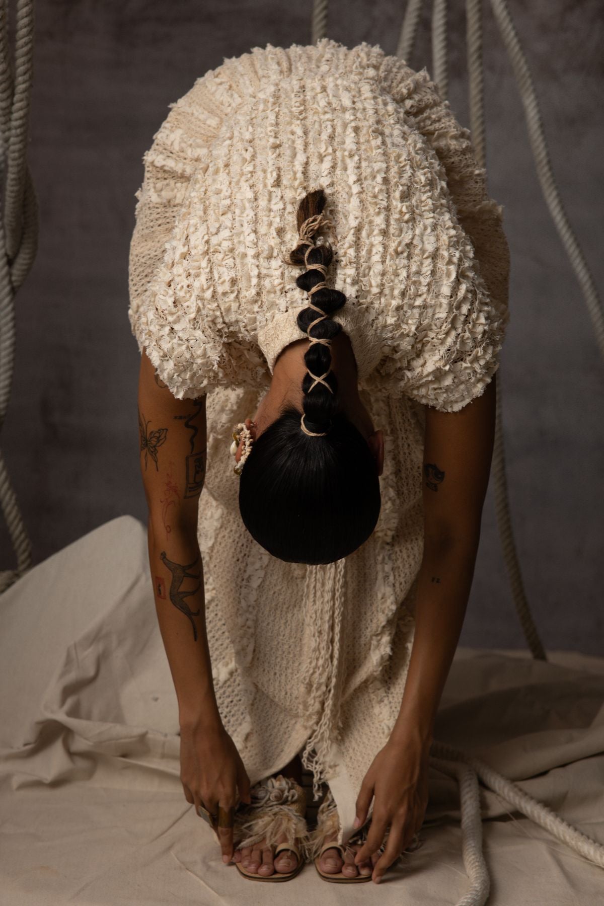 Ivory Lace Ruched Cotton Net Drawstring Dress