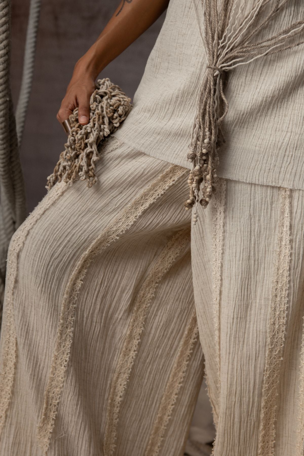 Ivory Crushed Cotton Net Trousers