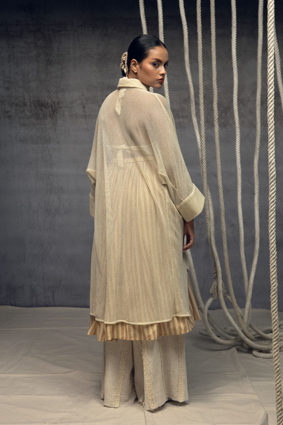 Ivory Open-Mesh Shirt Dress