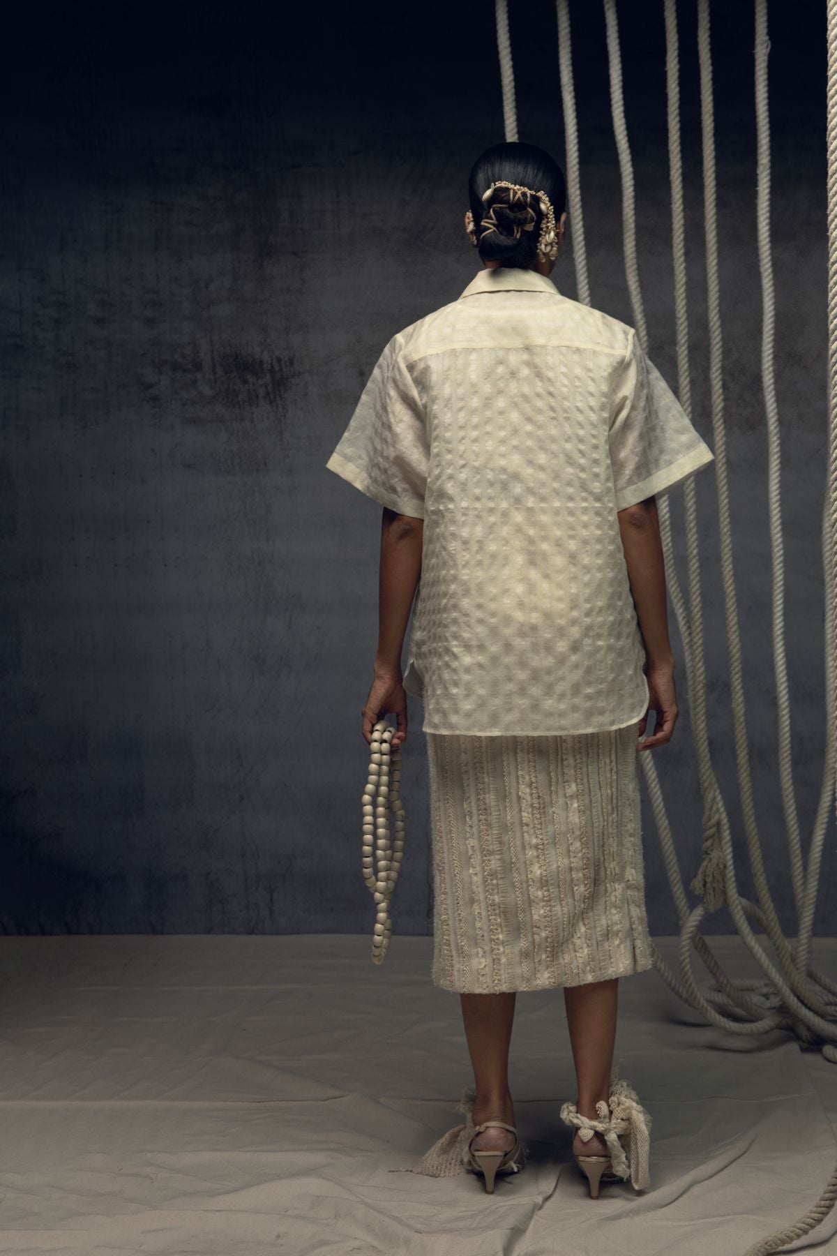 Ivory Khadi Silk Fringing Skirt