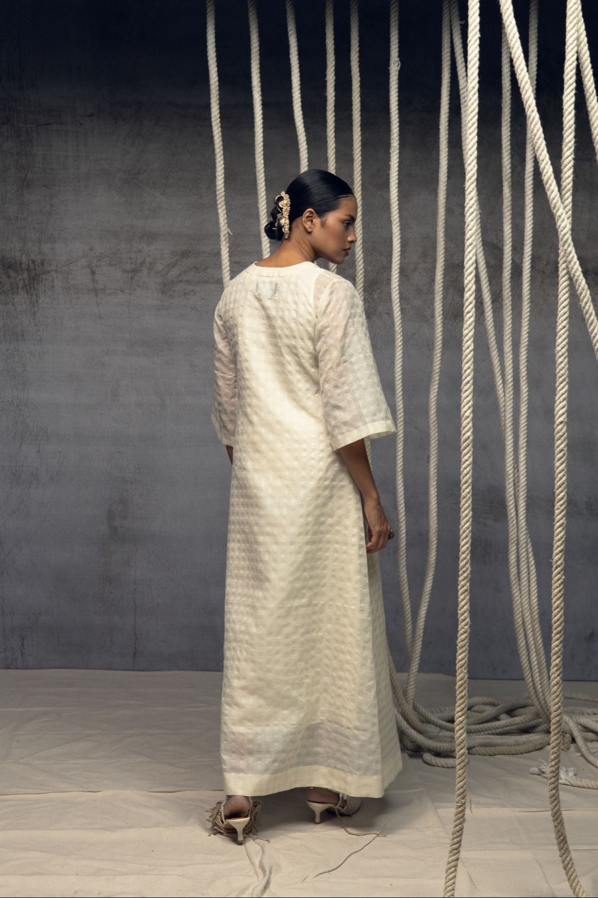 Ivory Khadi Silk Checkered Dress