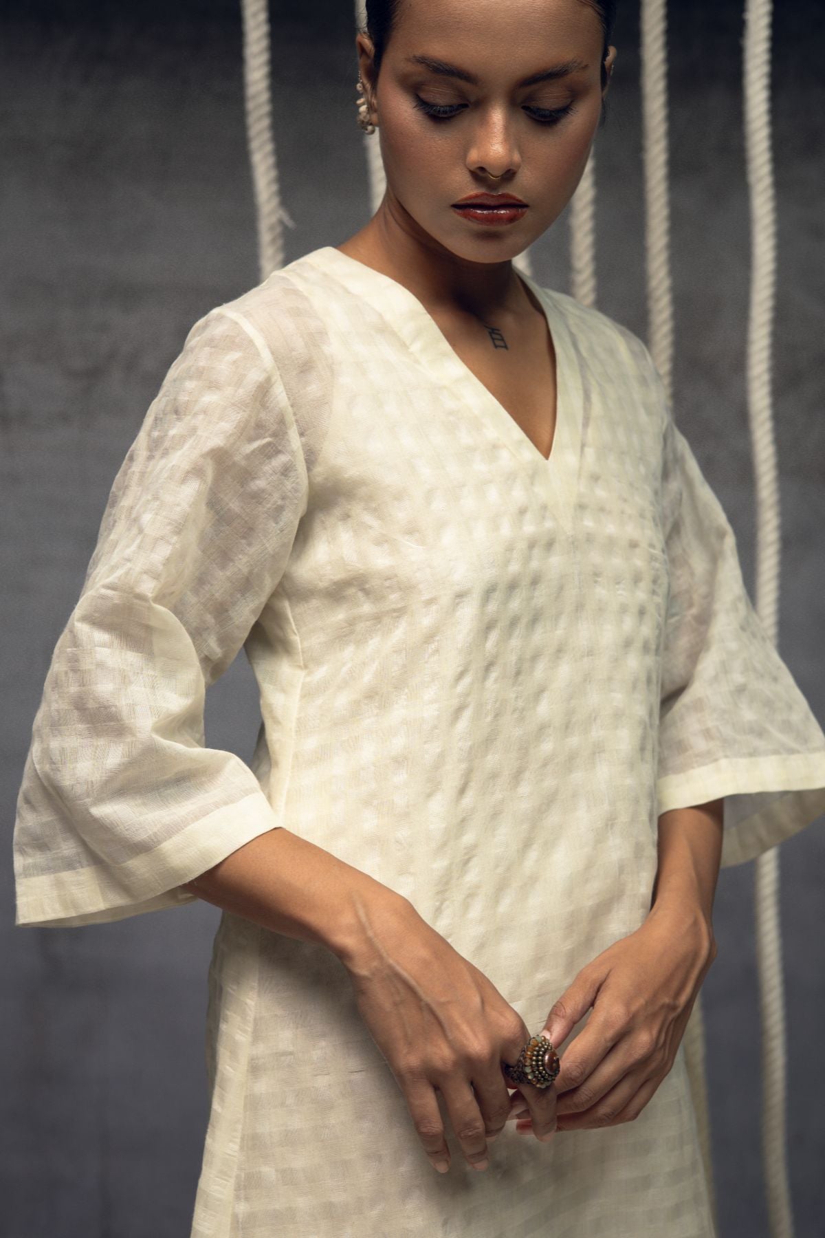 Ivory Khadi Silk Checkered Dress