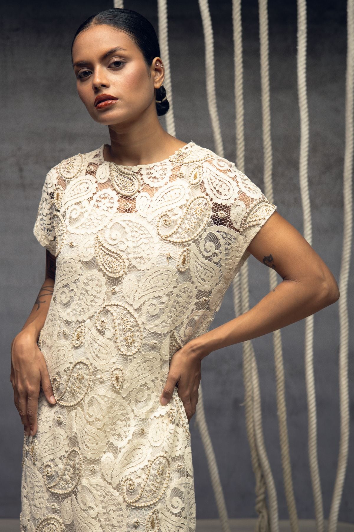 Ivory paisley Lace Embroidered Midi
