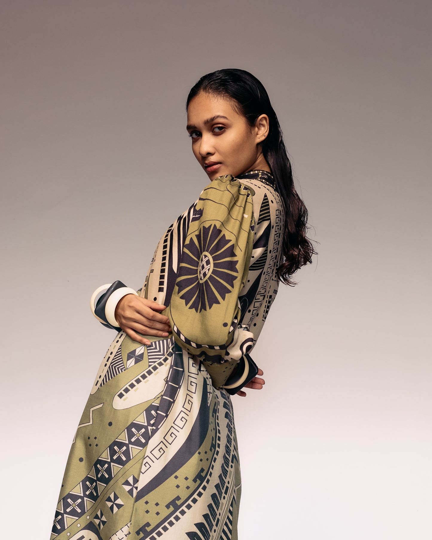 Olive Print Silk Midi Dress