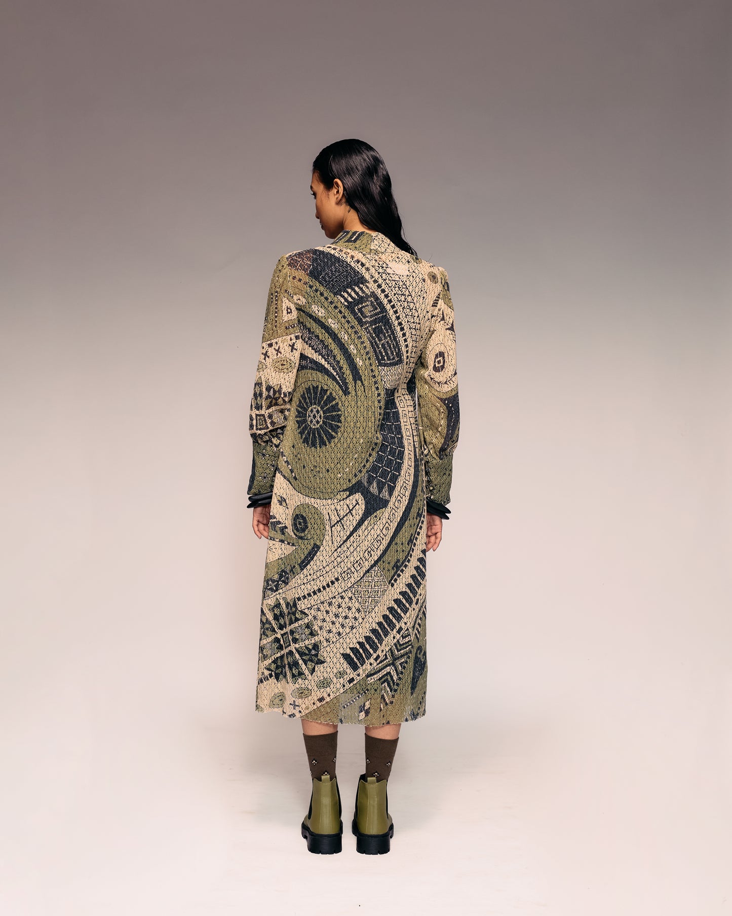 Olive Print Cotton Net Midi Dress