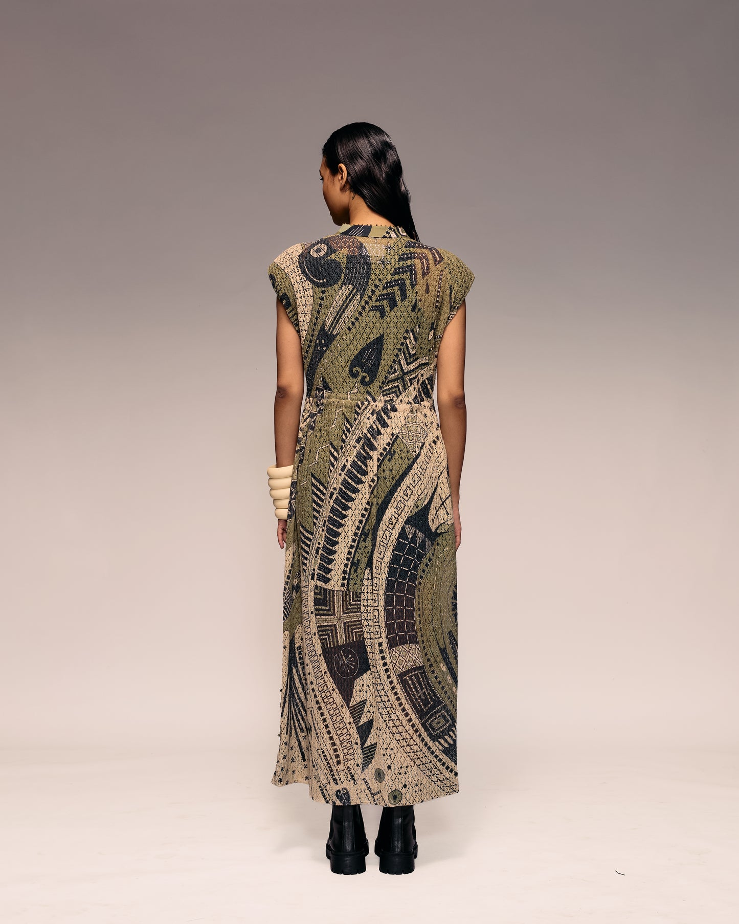 Olive Print Cotton Net Drawstring Dress