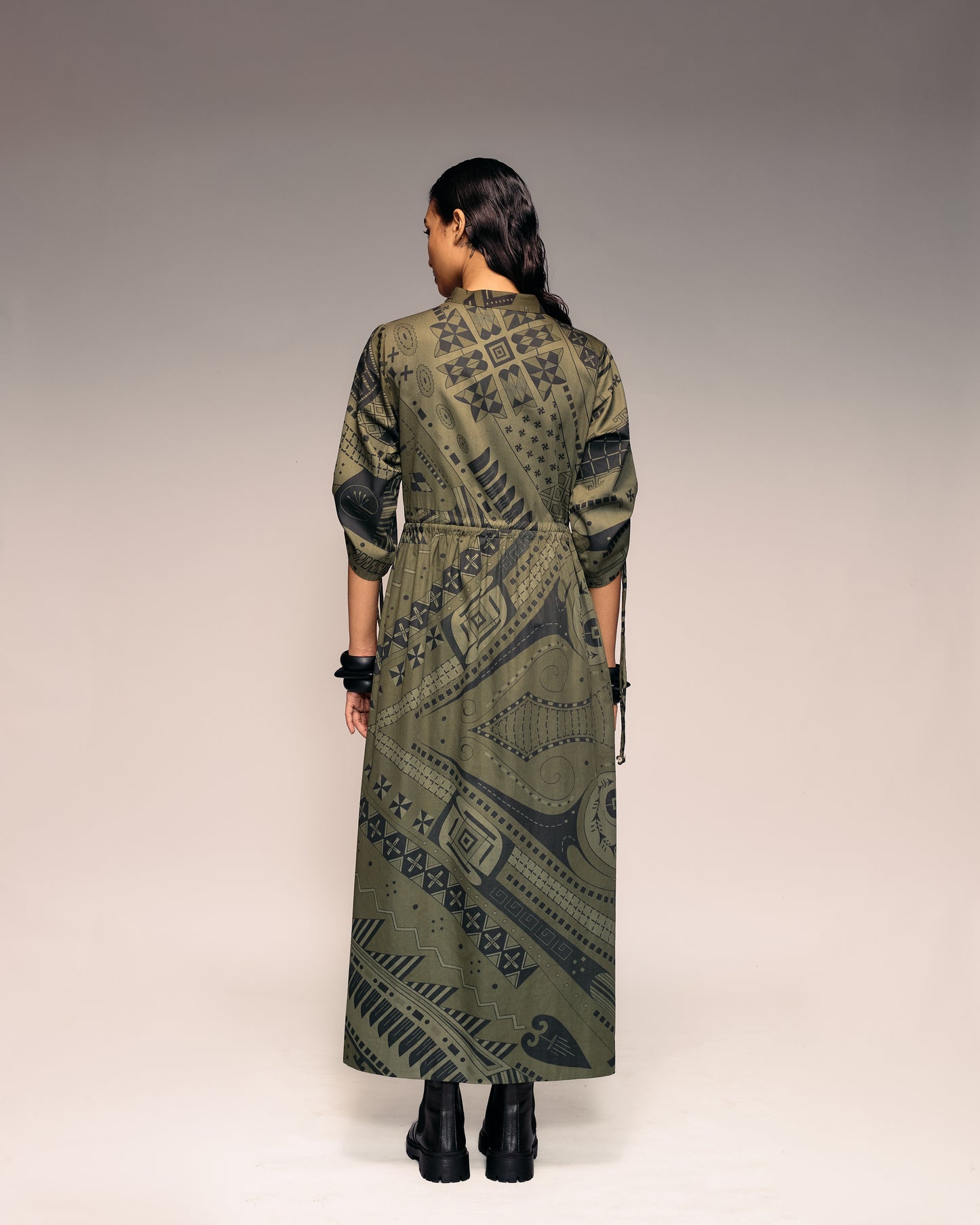 Olive Print Drawstring Dress