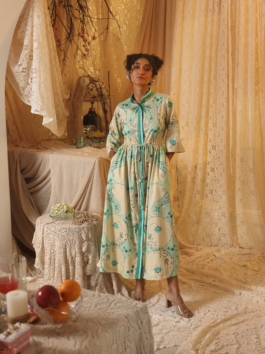 Mint Circle Print Drawstring Dress