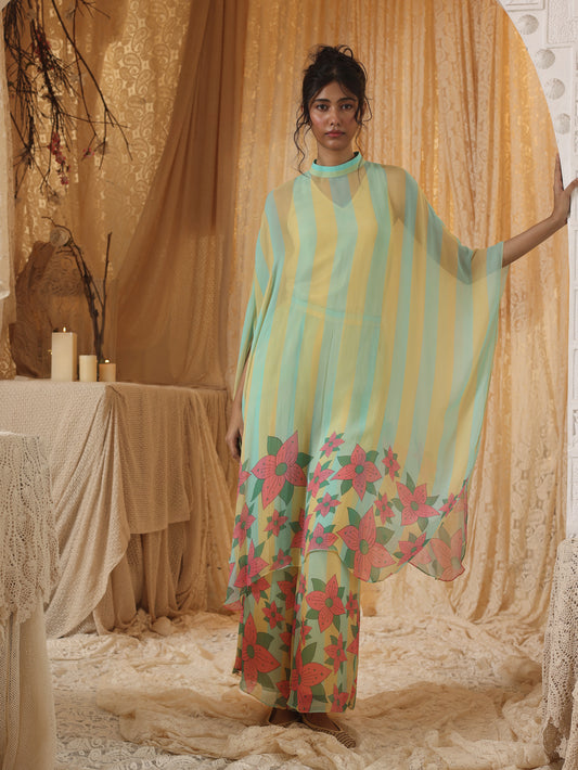 Yellow Blue Stripe  Batwing Top and Pant Set