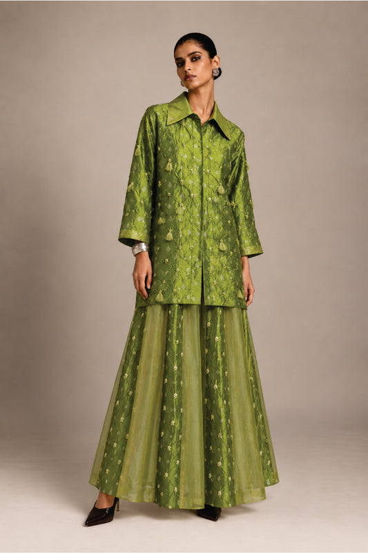 Green Bandhani Benarasi Shirt & Skirt