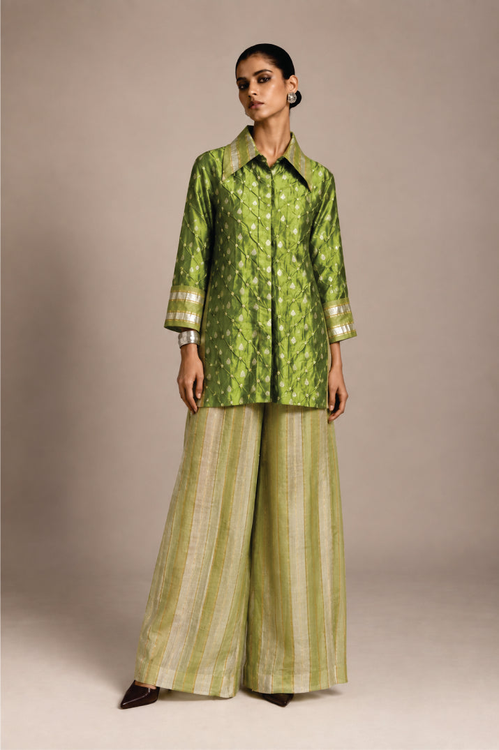 Green Bandhani Silk Benarasi Panel Shirt & Pants