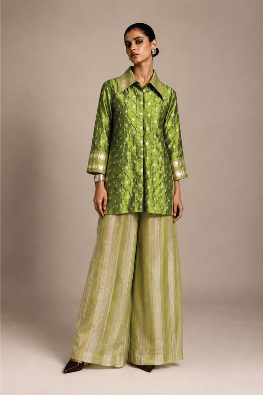Green Bandhani Silk Benarasi Panel Shirt & Pants