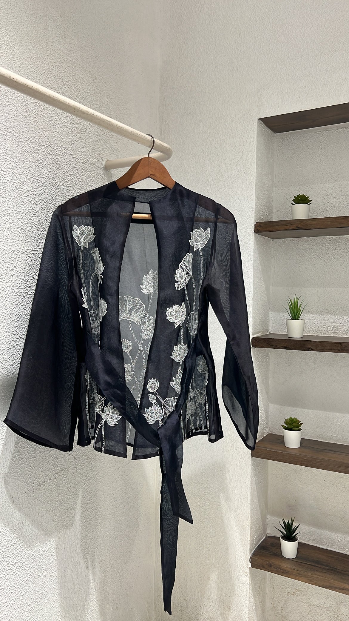 Vintage Lotus Embroidered Black Wrap Top