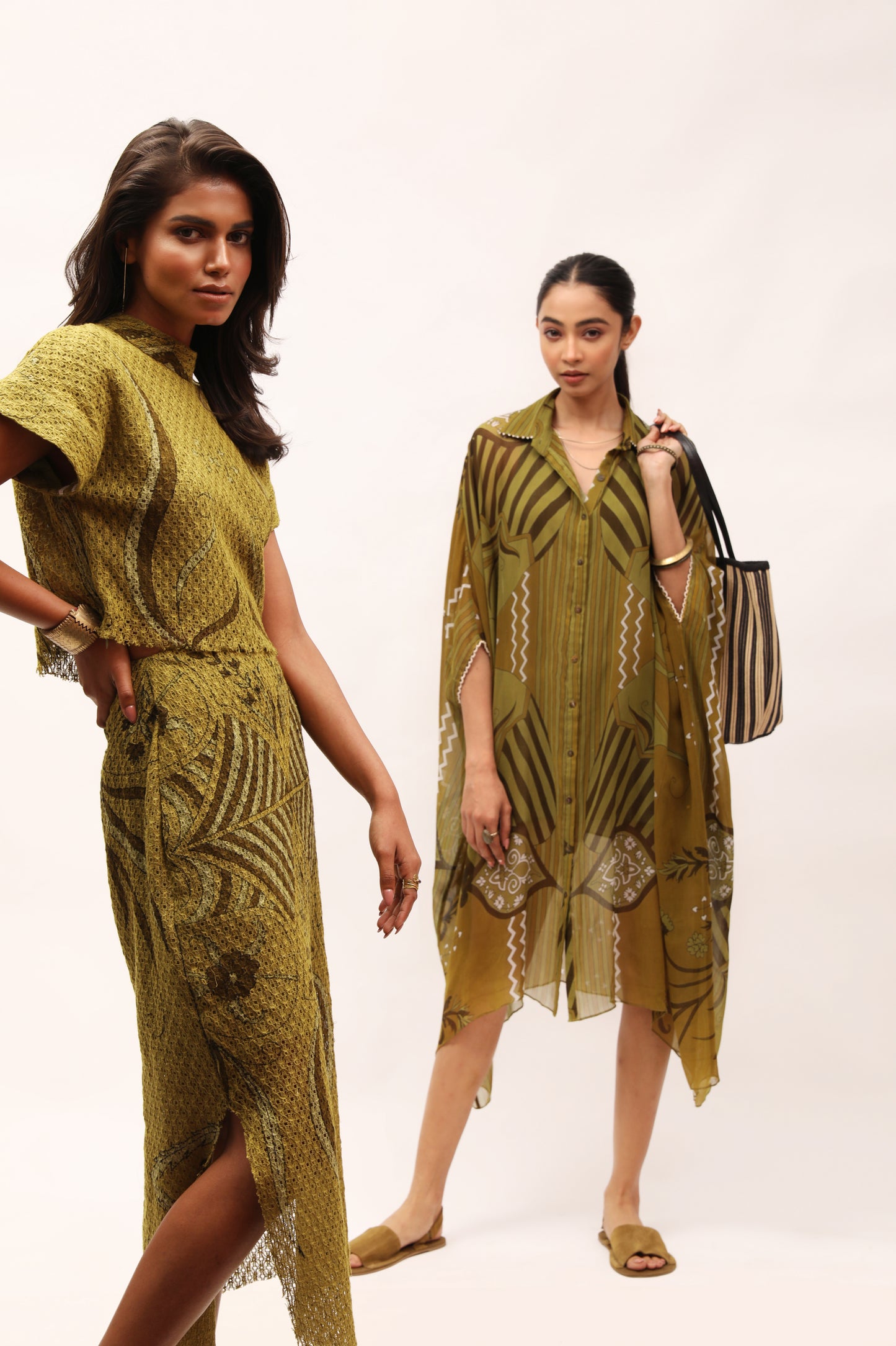 Olive Cotton-Net Printed Crop Top & Skirt Set