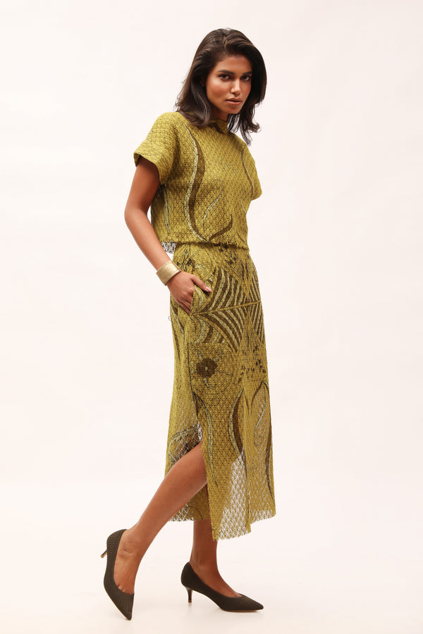 Olive Cotton-Net Printed Crop Top & Skirt Set